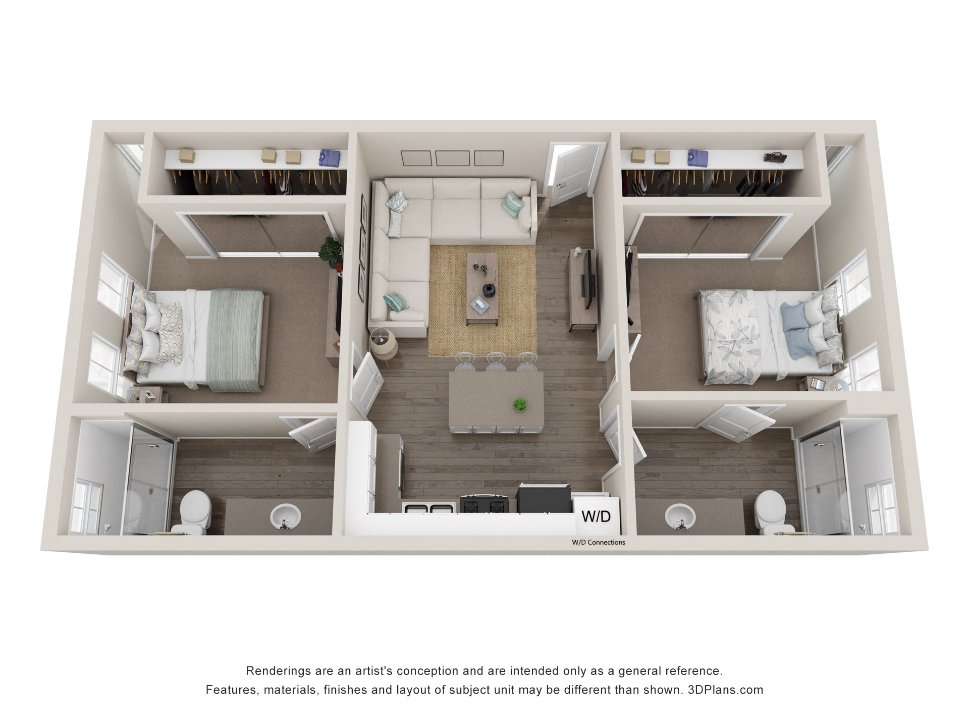 Floor plan for 2 beds, 2 baths, 932 sqft